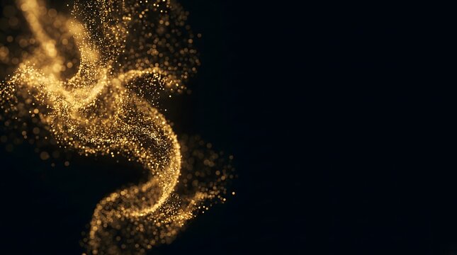 Swirling Golden Dust Particles Positioned Far Left Under Light Rays On Black Background With Copy Space