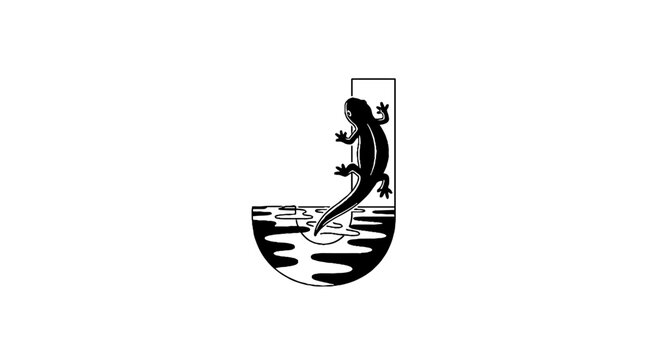 Black and white lizard logo design with water reflection.