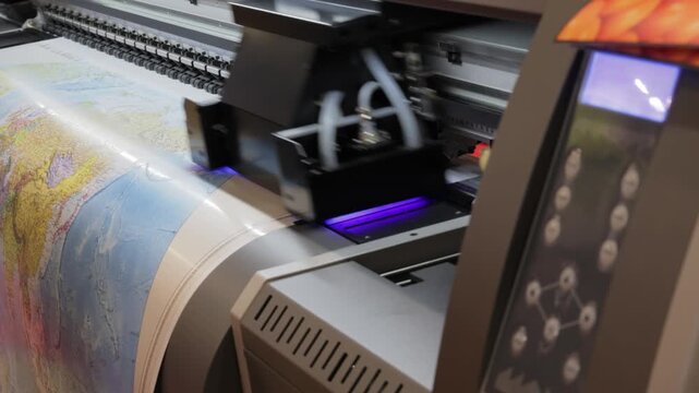 Large format industrial printer producing world map on high quality paper.