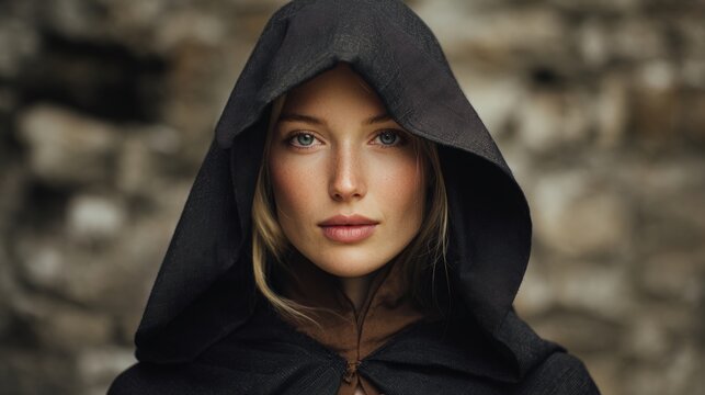 Europe medieval lifestyle. A closeup portrait of a woman with striking blue eyes and fair skin. She wears a dark, hooded cloak that obscures her face. The cloaks texture is rough and textured.