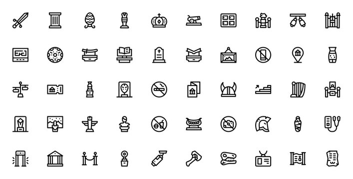 Museum icon set. Minimal vector icons pack. Featuring sword, column, crown, shield, katana, book, map, sculpture, mummy, fossil, mask, helmet, audio guide, metal detector, museum ticket and more. Edit