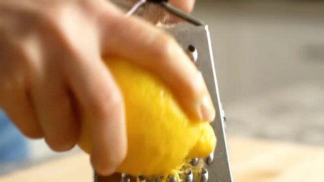Close-up of hands grating a fresh yellow lemon zest for cooking.