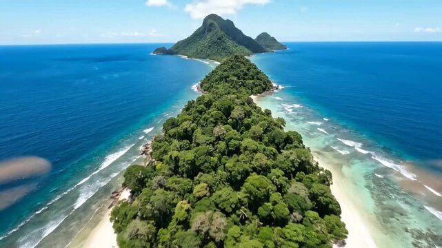 Aerial view of a lush tropical island surrounded by blue water