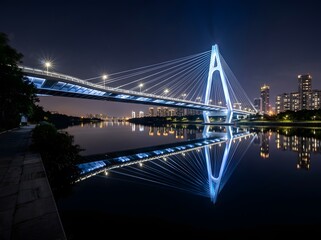 Obraz premium Illuminated Modern Cable-Stayed Bridge Reflected in City River at Night