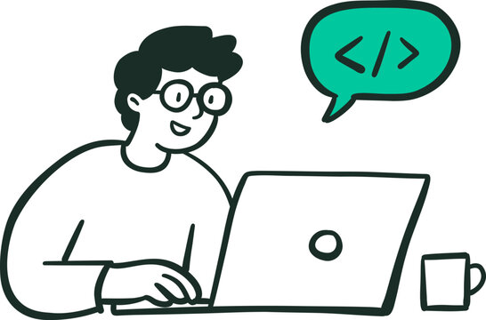 Cartoon illustration of a programmer working on laptop with code symbol