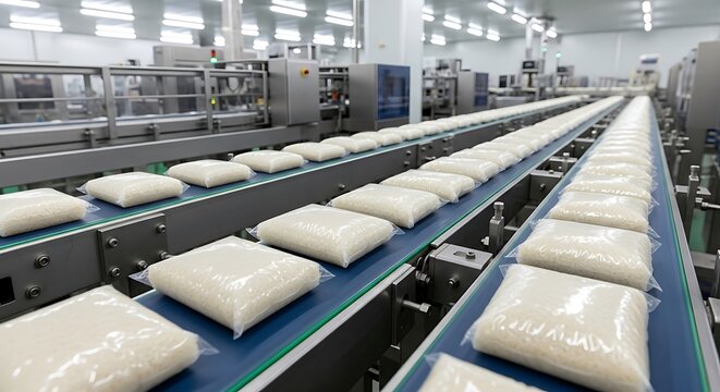 Automated industrial facility ensuring efficient food processing and bulk packaging production line