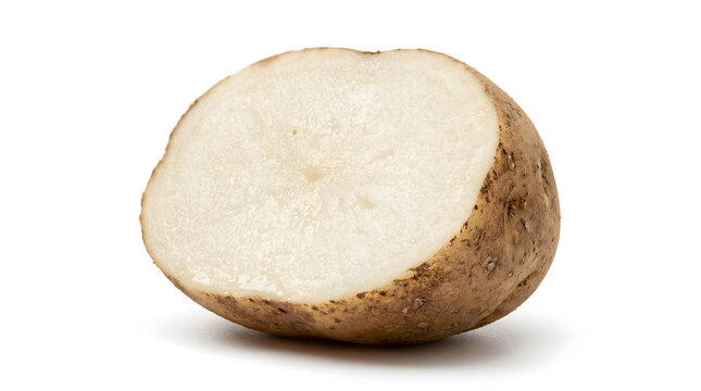 Freshly cut raw russet potato half showing white flesh on white background