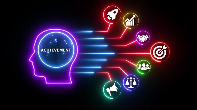 Achievement concept neon head with business icons motion.