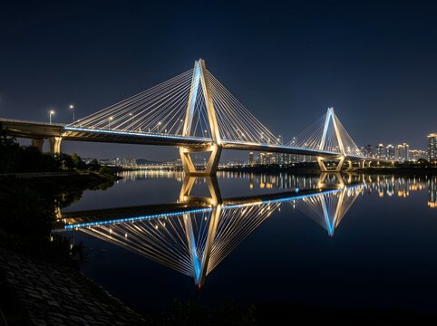 Modern cable-stayed bridge illuminated at night, reflecting vibrantly in tranquil river