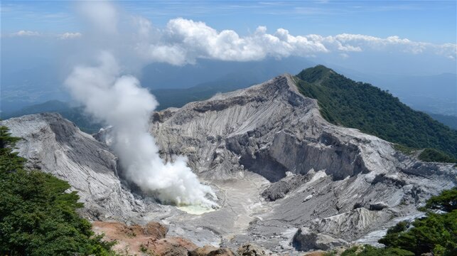 Majestic volcanic caldera shrouded in wisps of geothermal steam under a cloudy sky
