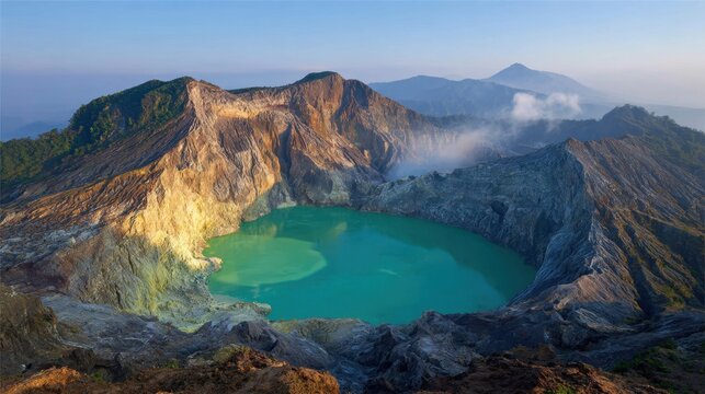 Majestic Volcanic Crater Lake with Vibrant Turquoise Water Amidst Mountainous Terrain