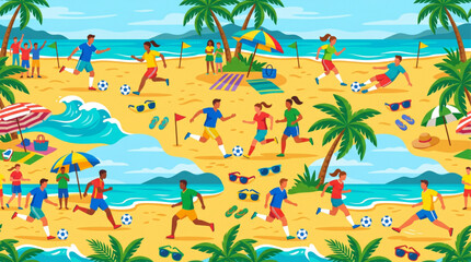 Obraz premium Vibrant flat illustration of diverse people playing beach soccer on a sunny tropical shore with palm trees and ocean waves, AI Generated summer sports pattern.