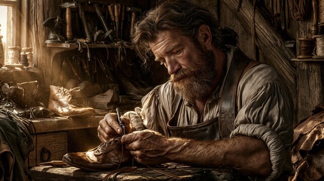 Europe medieval lifestyle. A detailed, atmospheric portrayal of a man with a long beard and wavy hair, meticulously stitching a leather shoe. He wears a rustic, wornout shirt and leather apron.