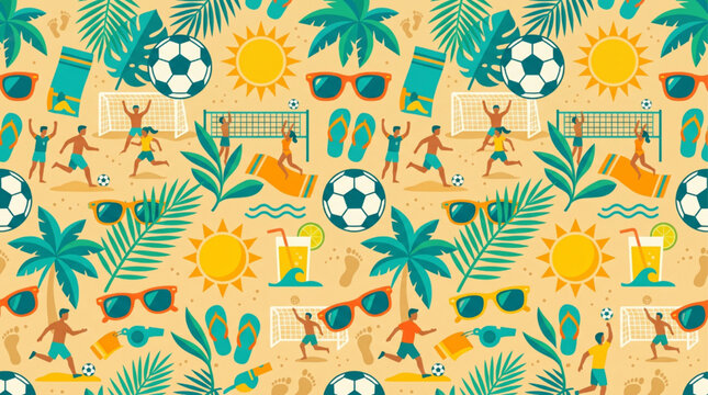 Seamless summer beach sports pattern with soccer, volleyball, palm trees, and sun. Vibrant tropical vacation background. AI generated.