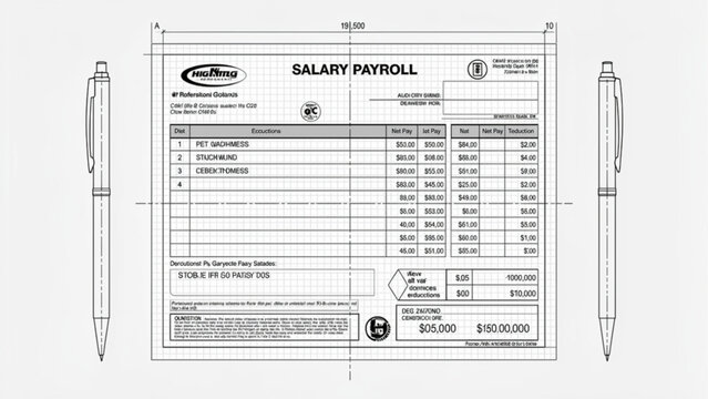 Salary payroll document with detailed employee information and financial data in a professional office setting