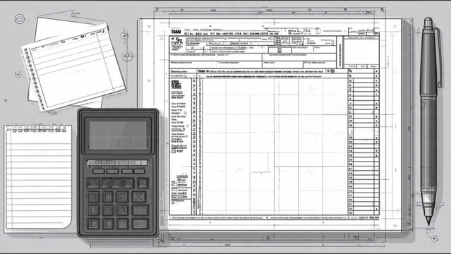 office workspace with technical drawing calculator notepad and pen with blueprint details