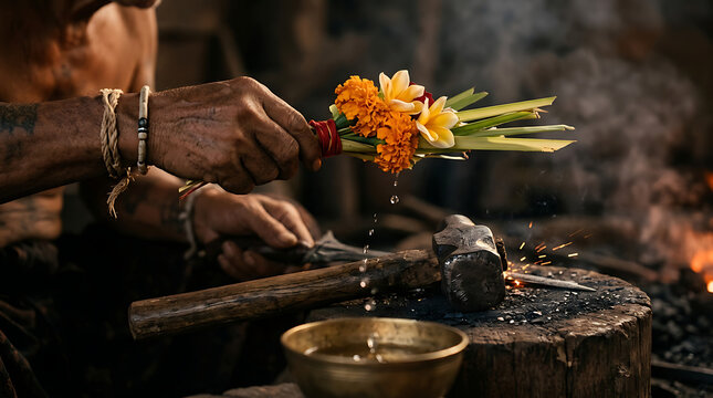 Blacksmith performing a ritual blessing over tools in a forge