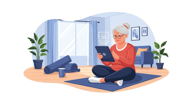 Modern vector illustration of an elderly woman with grey hair sitting on a yoga mat in a living room, using a digital tablet for online fitness classes and wellness tracking.