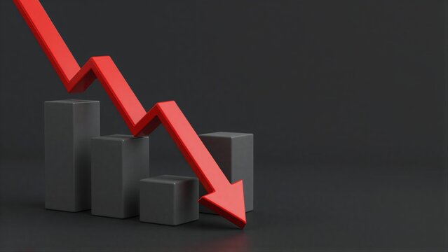 Red arrow plunges downward over gray bars, symbolizing decline or downturn.