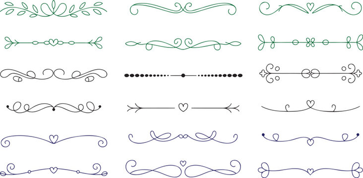 Fresh collection of green and blue linear dividers with elegant swirls, delicate hearts, and leaf motifs