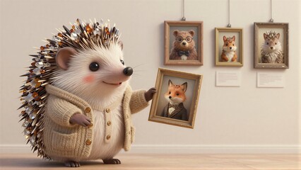 Obraz premium A hedgehog in a sweater holds a fox portrait, surrounded by animal portraits on the wall.