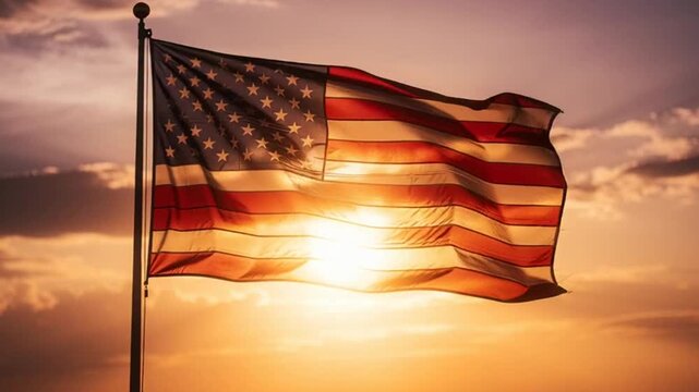 American flag waving during golden hour sunset with sun backlight