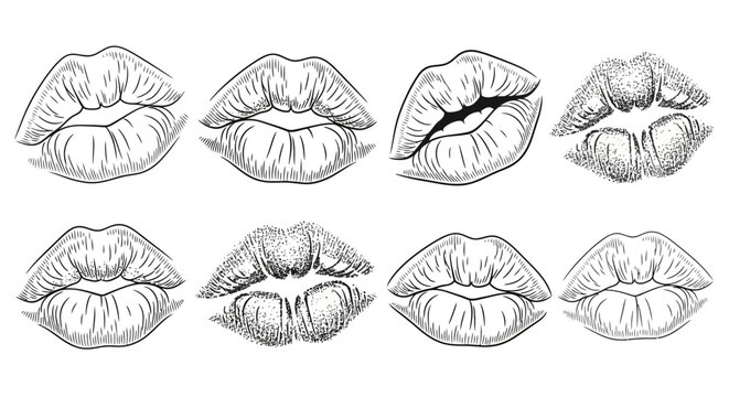 Collection of hand-drawn human lip sketches featuring various kissing and pouting expressions for beauty, cosmetic, and romantic design projects