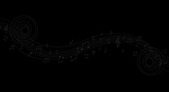 Minimalist musical staff with notes forming a wave pattern on a black background for elegant sound and art concepts