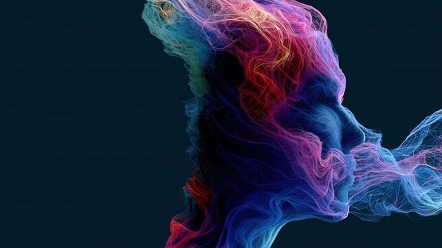 Abstract Psyche Flow: A vibrant, colorful, and dynamic abstract representation of a human profile, with flowing, ethereal wisps of energy in neon hues, symbolizing thought, creativity.