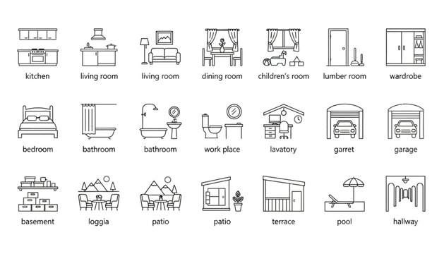 Set of Linear Icons Representing Residential Home Interior and Exterior Spaces Including Living Areas Kitchens Bathrooms Garages and Outdoor Patios
