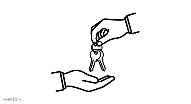 Linear Illustration of Hands Exchanging Keys for New Home Ownership or Car Sale Agreement