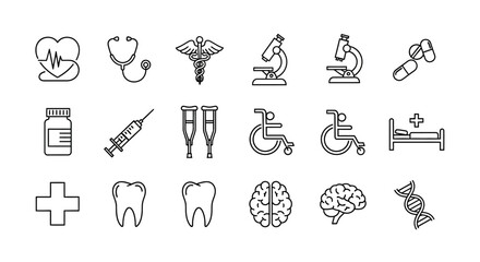 Fototapeta premium Medical and Healthcare Line Icon Set featuring Stethoscope, Brain, DNA, and Hospital Equipment for Clinic and Wellness Design