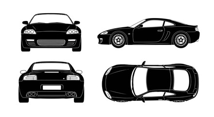 Fototapeta premium Black sports car blueprint illustration featuring front, side, rear and top views for automotive design