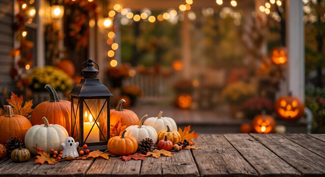 Autumn Pumpkin Lantern Background with Cozy Fall Lights and Copy Space
