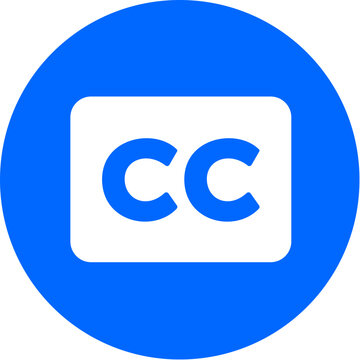 Closed captioning icon on bold blue circle badge for accessibility subtitle caption deaf hearing impaired video media CC transcript on transparent background