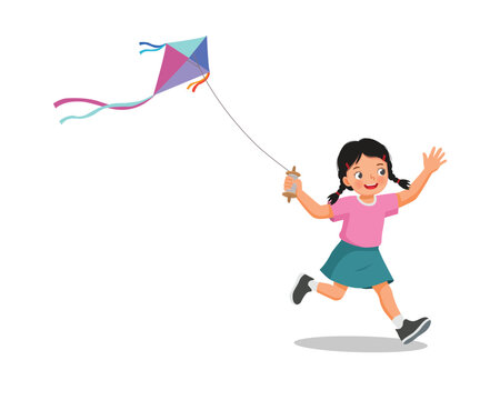Little girl playing kite running holding the line flying the kite
