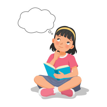 Little girl reading book thinking day dreaming sitting on floor