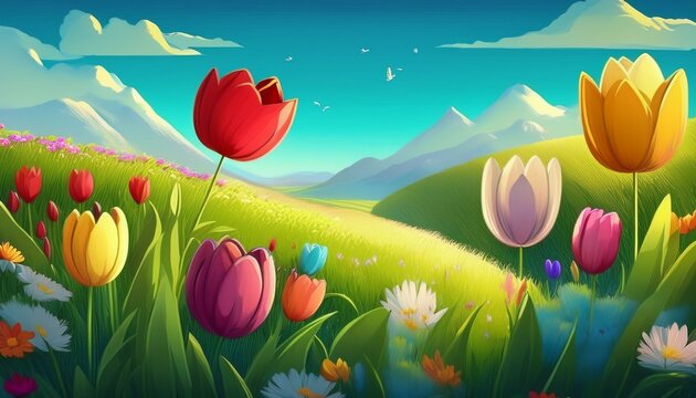 Animation Of Colorful Spring Landscape With Tulips And Lush Green Grass