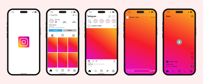 Instagram Mobile App UI Template Mockup Set Featuring Splash Screen, Profile Page, Home Feed, Stories Layout, and Reels Display for Social Media Marketing Presentation Asset.