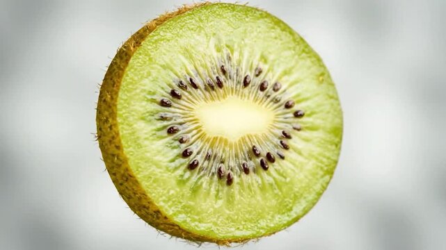 Close-up view of a fresh kiwi fruit slice showing its vibrant green flesh and black seeds.