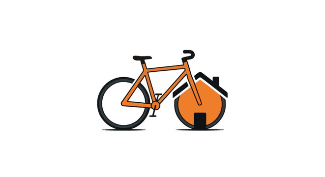 Modern orange black hand-drawn vector logo featuring bicycle with front wheel integrated into stylized house shape, isolated on white for delivery or real estate branding.