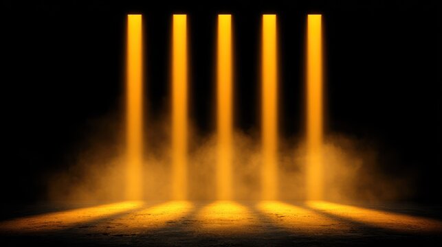 Five vertical columns of bright orange illumination descend onto a dark, textured floor amidst rising smoke or fog.