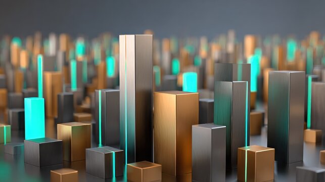 Metallic rectangular prisms with glowing accents stand closely packed in a dense arrangement