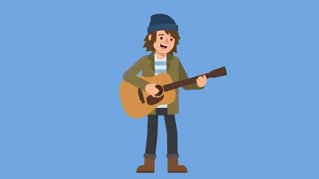 A 2D vector animation of a male musician wearing a beanie and jacket while singing and playing an acoustic guitar. The character stands against a solid blue backdrop, suitable for explainer videos and