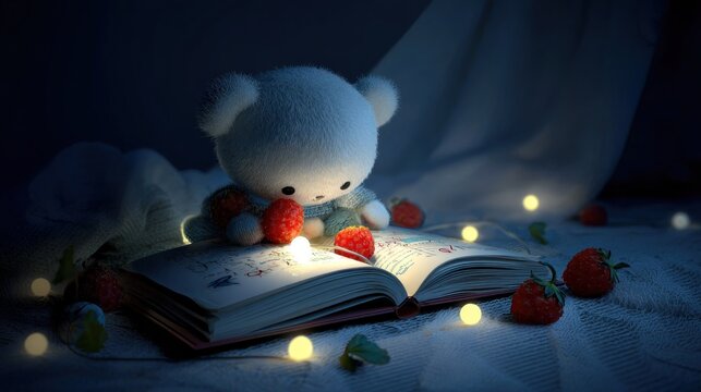 Fluffy toy creature reads an illuminated storybook surrounded by bright berries in the dark.