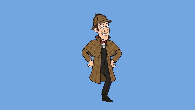 A 2D cartoon detective wearing a traditional trench coat and deerstalker hat dances cheerfully against a solid blue backdrop. Ideal for mystery games, educational videos, crime solver concepts, and an