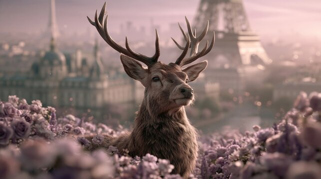 Paris France Europe lifestyle. A vivid portrayal of a majestic stag with striking antlers stands in a field of purple flowers. The stags fur is a rich brown.