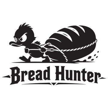 Angry little duck character pulling a large loaf of bread with text bread hunter design Vector