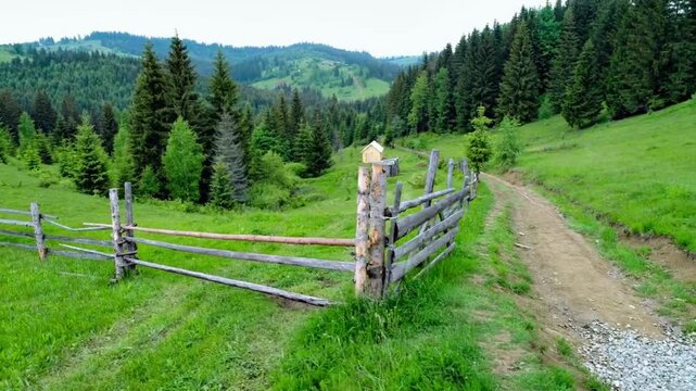 Scenic countryside path bordered by rustic wooden fence and lush green meadow