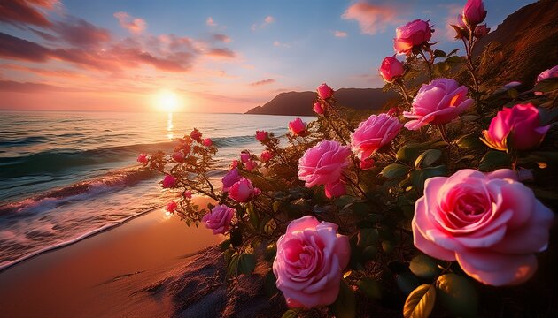 Romantic Wild Flowers Pink Roses Bush On Sea Beach At Sunset Generated Ai